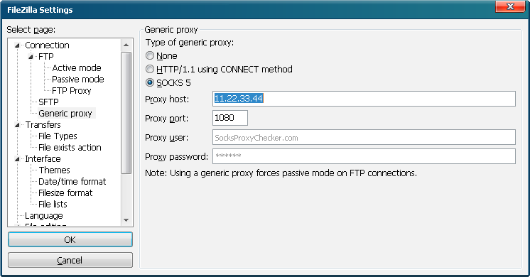 FileZilla Socks Proxy Settings