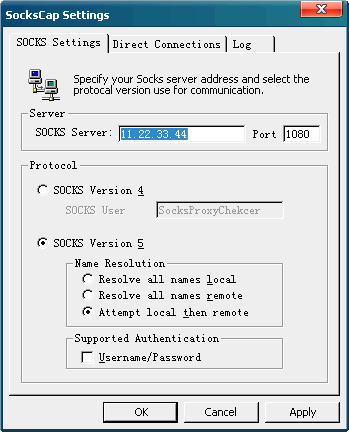 Sockscap setting dialog